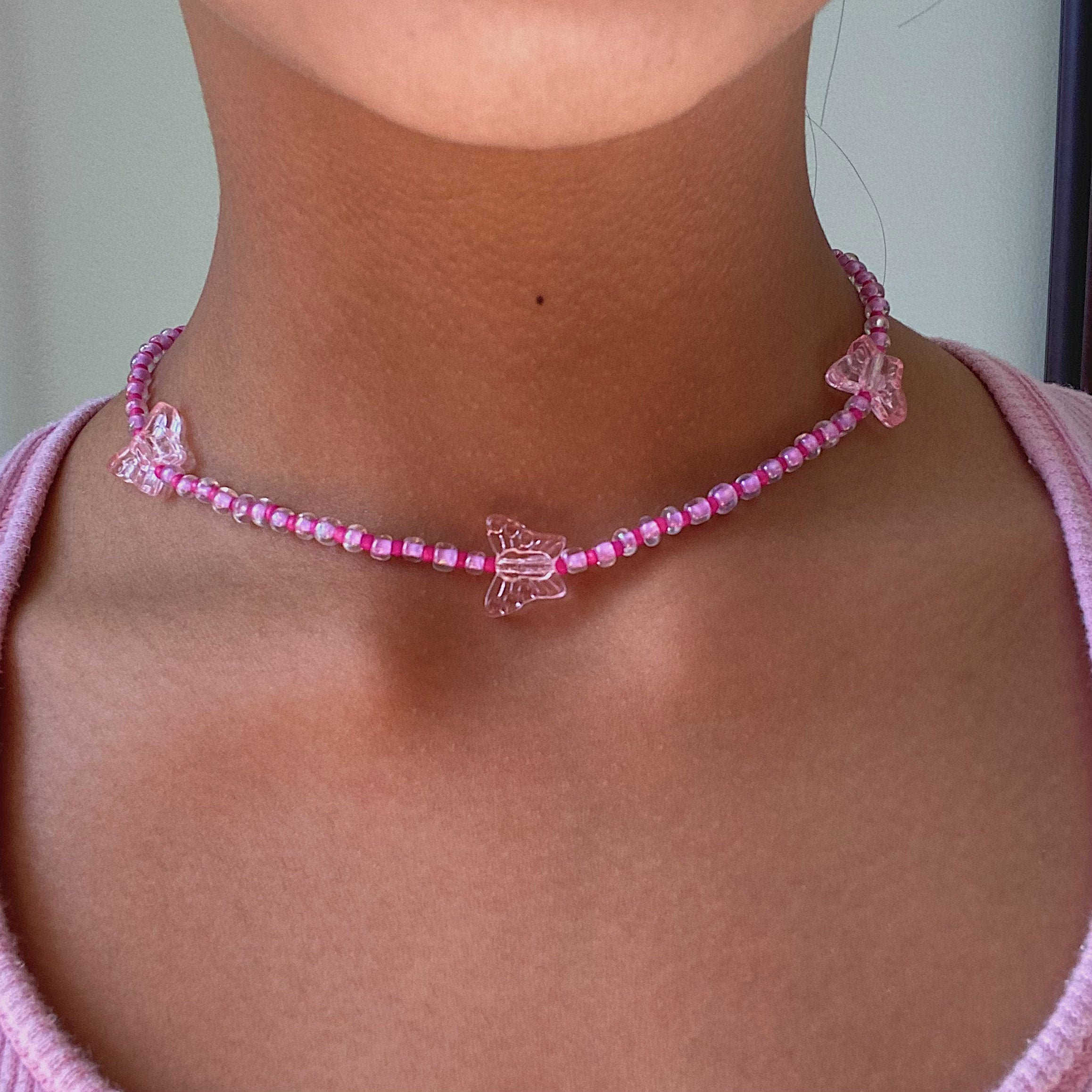 Pink Beaded Butterfly Necklace Etsy