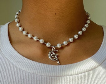 Silver Pearl Fairy Necklace, Beaded Necklace, Choker, Formal, Gifts for Her