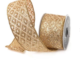 Cinta navideña con purpurina dorada de 10 cm, cinta con borde de alambre de diamante marquesa, cinta Farrisilk estructurada de 9,5 m, cinta decorativa navideña de temporada