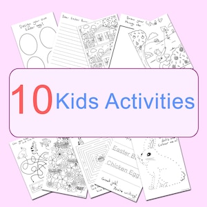 May include: Ten black and white printable activity sheets for children featuring Easter themes, such as colouring, dot-to-dot, mazes, and writing practice. The sheets include phrases like "Design your own Easter eggs!" and "Dear Easter Bunny".
