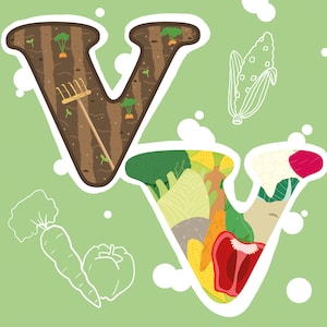 Puede incluir: Una letra V marrón con un rastrillo y plantas que crecen en el suelo. La letra V está rodeada de burbujas blancas. Una segunda letra V está hecha de verduras, incluyendo brócoli, coliflor, zanahorias, maíz y pimientos.