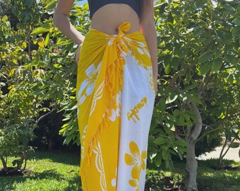 Hawaii Design Sarong Pareo White Yellow Plumeria Tropical Cruise Beach Pool Sexy Bikini Cover-Up Wrap Dress