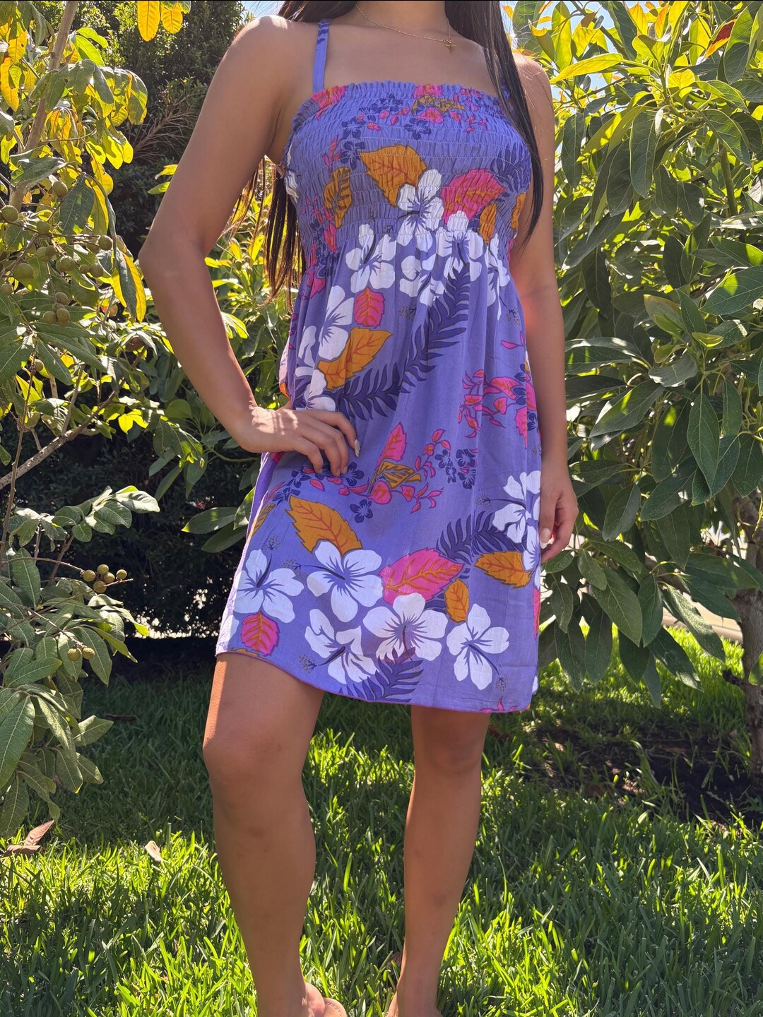 Hawaiian Short Sun Dress Floral Purple Tropical Pattern Adjustable Thin  Cami Strap - Etsy UK
