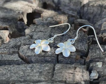 Può includere: Un paio di orecchini color argento con un delicato design floreale. Ogni orecchino presenta un piccolo fiore bianco con un sottile centro dorato, sospeso a un semplice gancio. Gli orecchini sono esposti su una superficie strutturata marrone scuro.