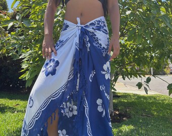 Hawaii Design Sarong Pareo Navy Blue White Hibiscus Tropical Cruise Beach Pool Sexy Bikini Cover-Up Wrap Dress