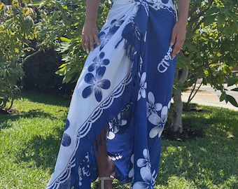 Hawaii Design Sarong Pareo Navy Blue White Plumeria Tropical Cruise Beach Pool Sexy Bikini Cover-Up Wrap Dress