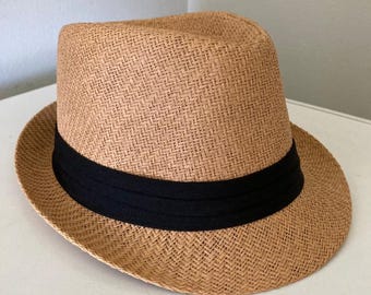 Sombrero fedora de palma auténtico tejido en color canela, unisex para adultos