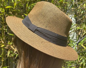 Sombrero Panamá unisex beige auténtico de palma tejida, sombrero de verano, sombrero de playa, sombrero de ala ancha