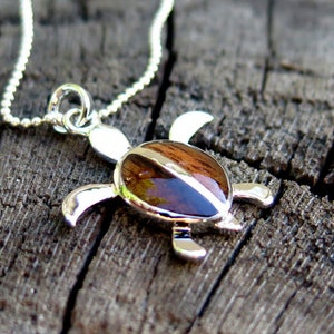 Genuine Hawaiian Koa Wood Petroglyph Honu Sea Turtle Rhodium Plated Brass Pendant with Necklace