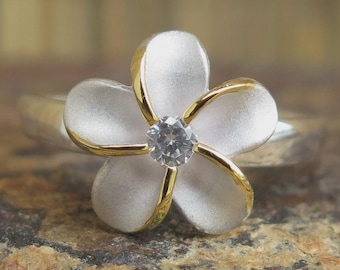 Hawaiian Silver Two Tone Gold Plumeria Flower CZ Wedding Ring Band 12mm