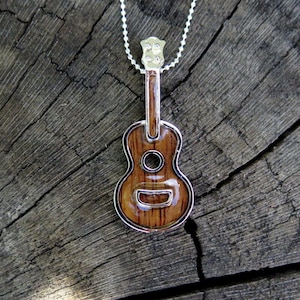 Genuine Hawaiian Koa Wood Ukulele Hawaii Mini Guitar Rhodium Plated Brass Pendant with Necklace
