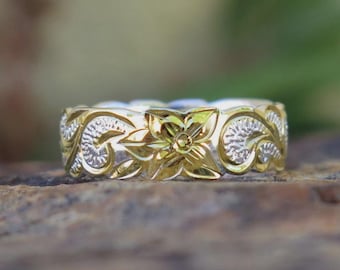 Hawaiian 925 Silver Gold Plated Scroll Flower Queen Wedding Ring Band 6mm