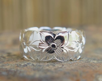 Hawaiian 925 Silver Plumeria Flower Cut Out Edge Wedding Ring Band 8mm