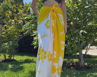 Vestido pareo hawaiano con diseño de hibisco amarillo y blanco, estilo tropical, para playa, piscina y bikini sexy