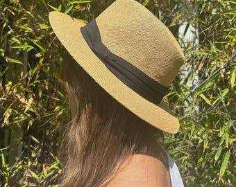 May include: A tan straw hat with a black band. The hat has a wide brim and a classic fedora shape. The hat is worn by a person with long brown hair. The background is a green bamboo plant.