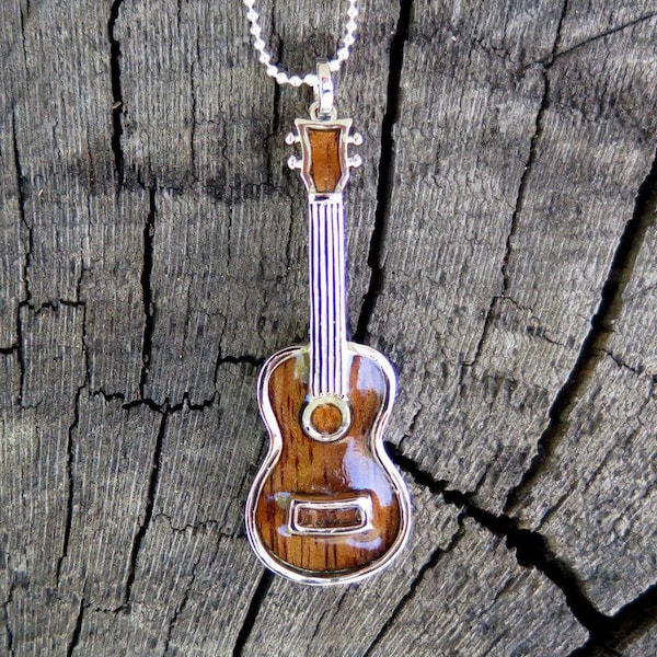 Genuine Hawaiian Koa Wood Ukulele Hawaii Small Guitar Rhodium Plated Brass Pendant with Necklace