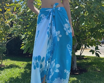 Hawaii Design Sarong Pareo Turquoise Blue White Plumeria Tropical Cruise Beach Pool Sexy Bikini Cover-Up Wrap Dress