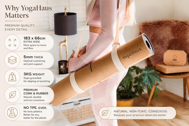 May include: A rolled yoga mat with the text "YogaHaus" is held by a person. The mat is brown with white straps and is 183cm long and 66cm wide. The mat is 5mm thick and weighs 3kg. The text "NATURAL. NON-TOXIC. CONSCIOUS." is also visible.