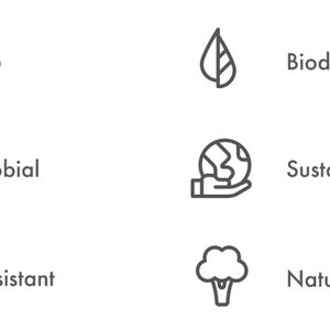 May include: White background with icons and text describing product features. Icons include a cloud with rain, a smiling sun, and a stylized flower. Text includes "Wet Grip", "Antimicrobial", and "Odor Resistant". Other text includes "Biodegradable", "Sustainably Sourced", and "Natural Cork & Rubber".
