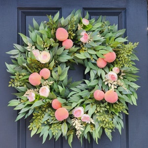 Summer Faux Peach and Ranunculus wreath for front door , Faux fruit wreath