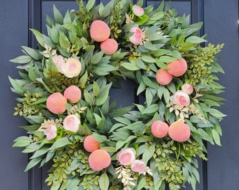 Summer Faux Peach and Ranunculus wreath for front door , Faux fruit wreath
