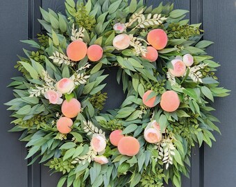 Summer Faux Peach and Ranunculus wreath for front door , Faux fruit wreath