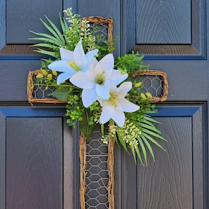 Easter Lily Cross wreath , Easter Cross door hanger Christian wall and door  decor , Easter porch decor