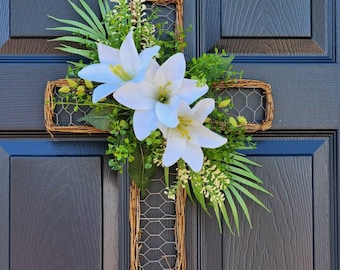 Easter Lily Cross wreath , Easter Cross door hanger Christian wall and door  decor , Easter porch decor