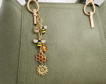 Bee Bag Charm Gold, Honeycomb Keychain, Cute Purse Charm, Sunflower Charm, Luxury Handbag Accessory, Gift for Her