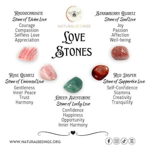 Love Stones Crystal Healing Set With Crystal Information Cards / Crystals for Manifesting and Attracting Love / Self-Love Crystals