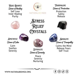Cristales para aliviar el estrés y guía de rejilla de cristales / Tarjetas de información de cristales incluidas / Juego de cristales para aliviar la ansiedad