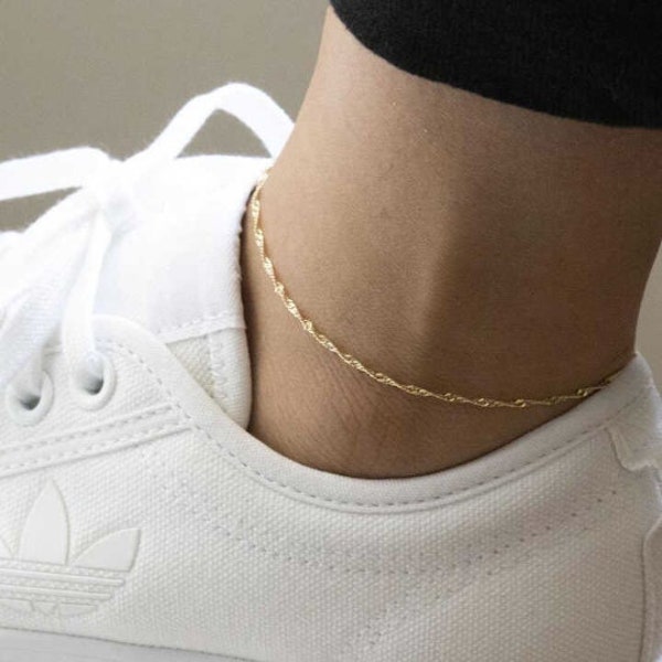 Handmade highly finish 18ct 18k Yellow Gold plated Girls Ladies Women Singapore water wave ankle chain anklet . Variable sizes Width=2mm