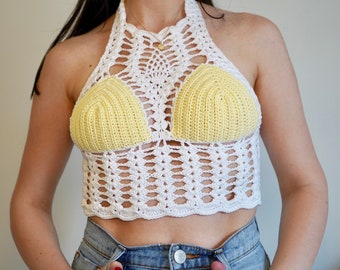 Crochet Yellow and White Halter Top