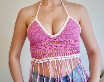 Crochet Pink and White Fringe Crop Top