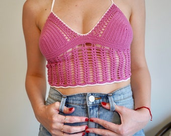 Crochet Pink and White Stretchy Crop Top