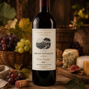 Peut inclure: Une bouteille de vin en verre foncé avec une étiquette crème portant le texte GRANDE RÉSERVE FAMILIALE, DOMAINE BELLES NOUVELLES, Tu vas être papi !, 2027, et MIS EN BOUTEILLE AVEC AMOUR, avec une illustration d'un vignoble et d'une maison.