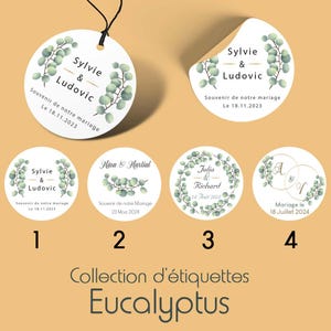 Lot de 20 Étiquettes Perforées ou Stickers de Mariage, Anniversaire, Baptême Rondes Personnalisées – Collection Eucalyptus – 4 Modèles
