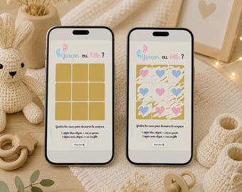 Carte virtuelle à gratter révélation fille – Morpion cœurs rose, annonce sexe bébé, carte digitale interactive