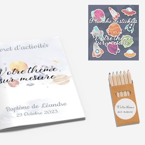 Folleto de actividades, juegos para colorear temáticos según su elección para niños, cumpleaños, bautizo, boda con lápices y pegatinas.