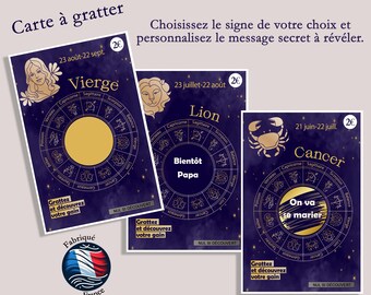 carte à gratter signe astrologique  ticket a gratter pour annonce grossesse, papa, papi et mamie, texte de votre choix