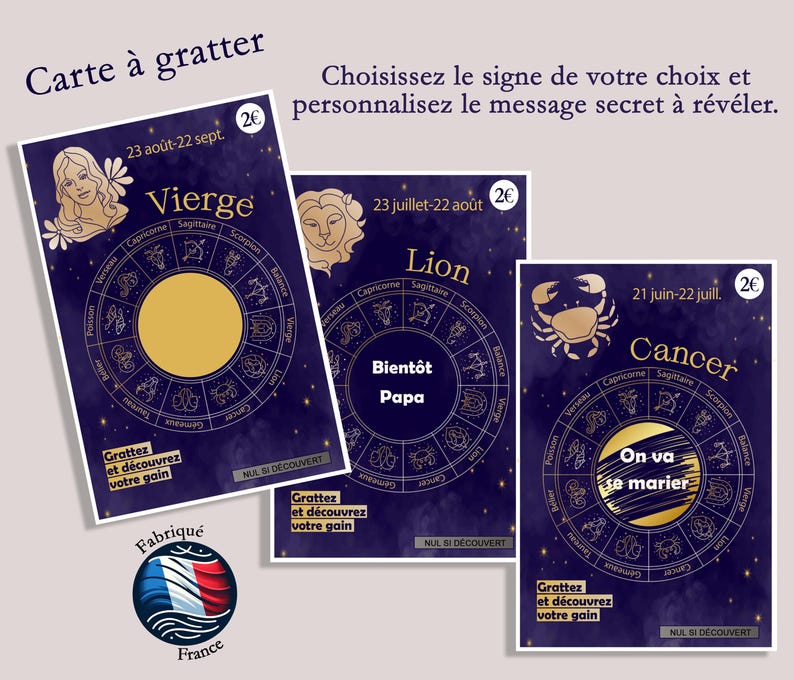 carte à gratter signe astrologique ticket a gratter pour annonce grossesse, papa, papi et mamie, texte de votre choix image 1