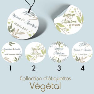 Lot de 20 Étiquettes Perforées ou Stickers de Mariage, Anniversaire, Baptême Rondes Personnalisées – Collection Végétal – 4 Modèles