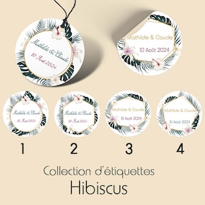 Lot de 20 Étiquettes Perforées ou Stickers de Mariage, Anniversaire, Baptême Rondes Personnalisées – Collection Hibiscus – 4 Modèles