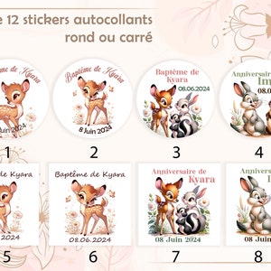 lot de 12 étiquettes autocollantes stickers  Personnalisées ronde ou carré 3 taille au choix- Thème petit Faon Baptême, Anniversaire