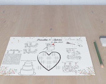 A3 wedding placemats with games for children personalized with your first names and wedding date 29.7cm x 42.0 cm