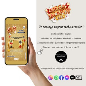 Puede incluir: Un teléfono inteligente muestra un juego de tarjeta rasca y gana digital con el tema "MEGA JACKPOT". La pantalla muestra una máquina tragamonedas con cerezas, picas y el mensaje "Gagnez jusqu'à 20.000€". El texto describe el juego como una tarjeta rasca y gana digital.