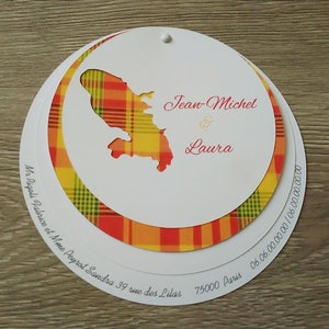 Invitación de boda redonda abanico madras Martinica
