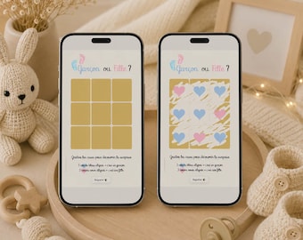 Carte virtuelle à gratter révélation garçon – Morpion cœurs bleu, annonce sexe bébé, carte digitale interactive