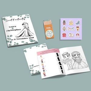Kit de libro de actividades, folleto para colorear y juegos infantiles para bodas con lápices y pegatinas.