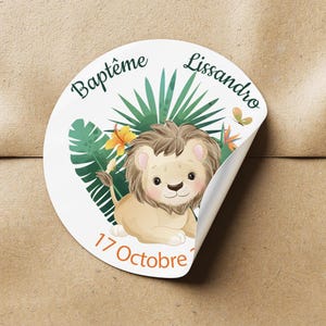 lot de 12 Étiquettes Autocollantes Personnalisées ronde Baptême, Anniversaire, stickers savane lion koala zebre